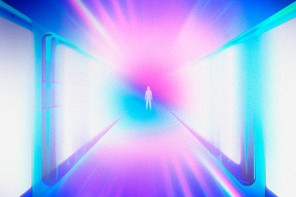 Illustration: small abstract human figure stands in between rows of huge glowing smartphone screens