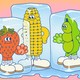 A colorful drawing of a strawberry, an ear of corn, peas in a pod, and two stacked blueberries inside ice cubes