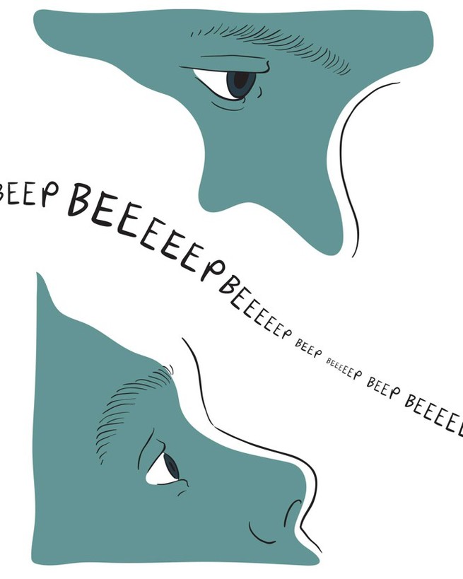 Two blue-green faces are split by text reading 'beep' over and over