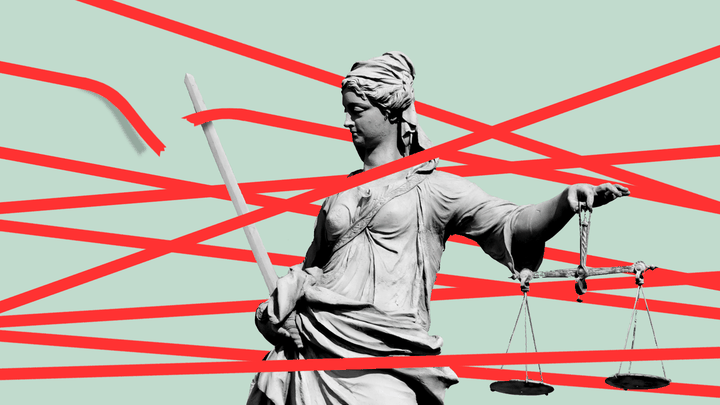 An illustration of Lady Liberty with red tape