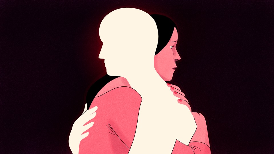 An illustration of a woman hugging the silhouette of her boyfriend