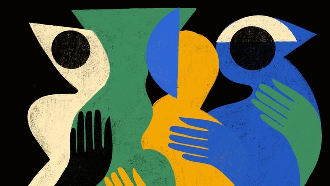 An abstract image showing people grasping each other