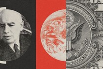 An illustration of John Maynard Keynes, the planet, and the U.S. eagle