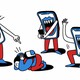 Three phones with arms, legs, and big grins point and laugh at a child cowering on the ground.