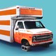illustration of an old beat-up orange-and-white moving van with no wheels propped up on cinderblocks