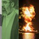 Collage with an oil-tanker explosion, Mojtaba Khamenei's face, and maps of the Strait of Hormuz