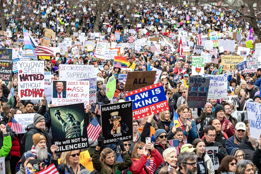 A large crowd of protesters holds many signs, including one that reads "Hands off our democracy"