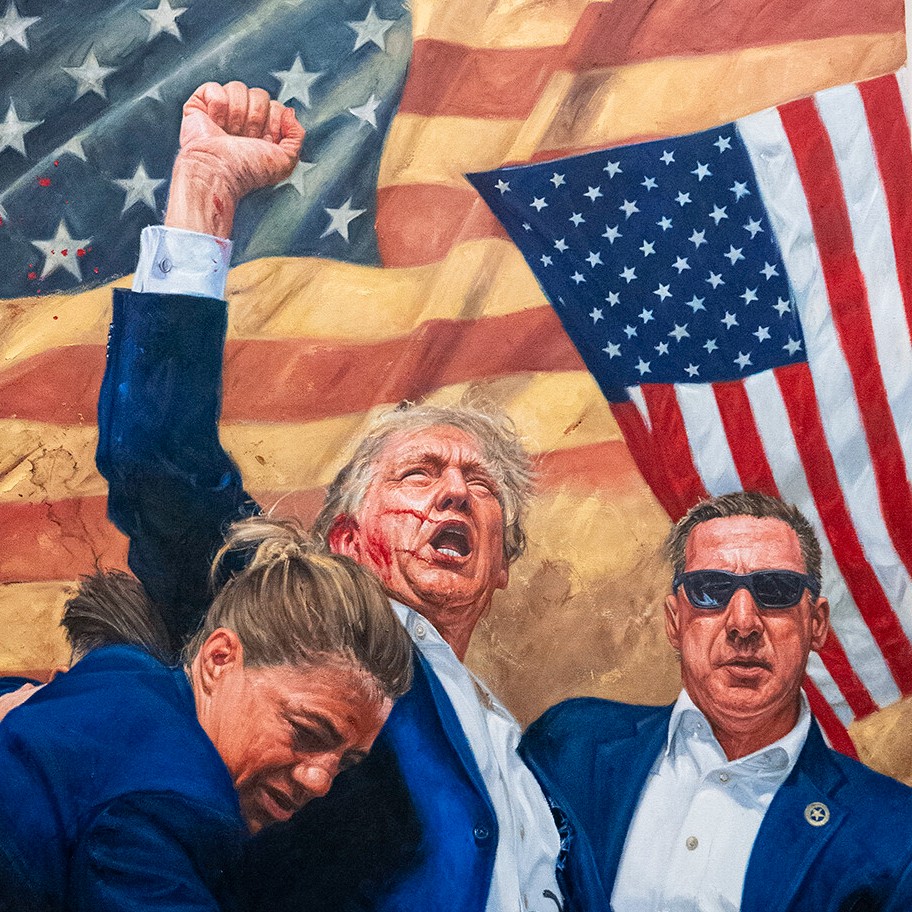 a painting of Donald Trump bleeding and raising his fist next to security guards