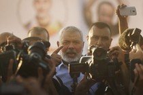 The Hamas leader Ismail Haniyeh speaks to supporters in Gaza City in May 2018