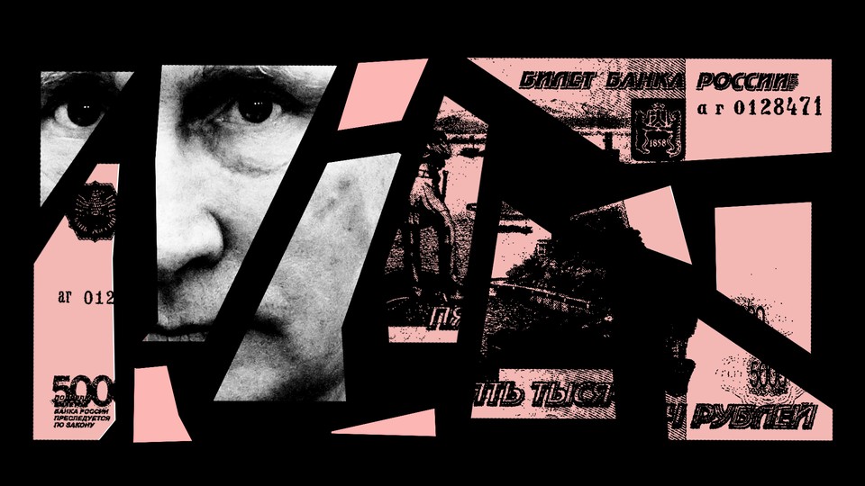 An illustration featuring a photo of Vladimir Putin and Russian currency