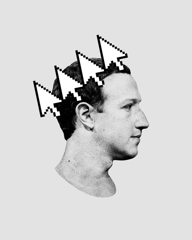 A photo-illustration of Mark Zuckerberg in profile wearing a crown of cursor arrows