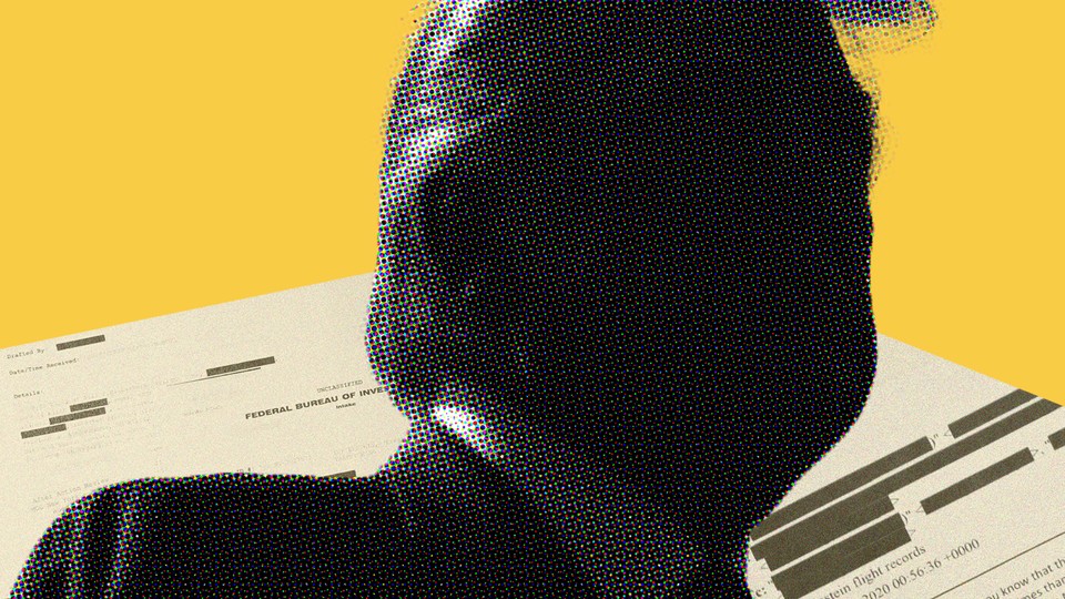 A photo illustration that includes Donald Trump in shadow and documents filled with redactions