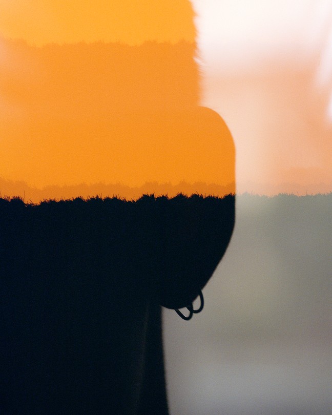 silhouette of half a man's face with two earrings against an orange horizon