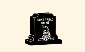 Illustration of a gravestone with "Don't tread on me" written on it