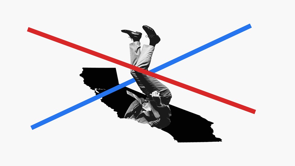 An illustration shows a man falling into a pit that is the shape of California. Red and blue lines run across his body.