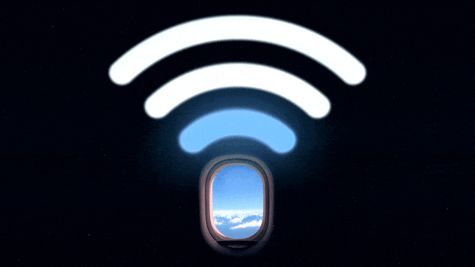Blinking Wi-Fi symbol over airplane window.