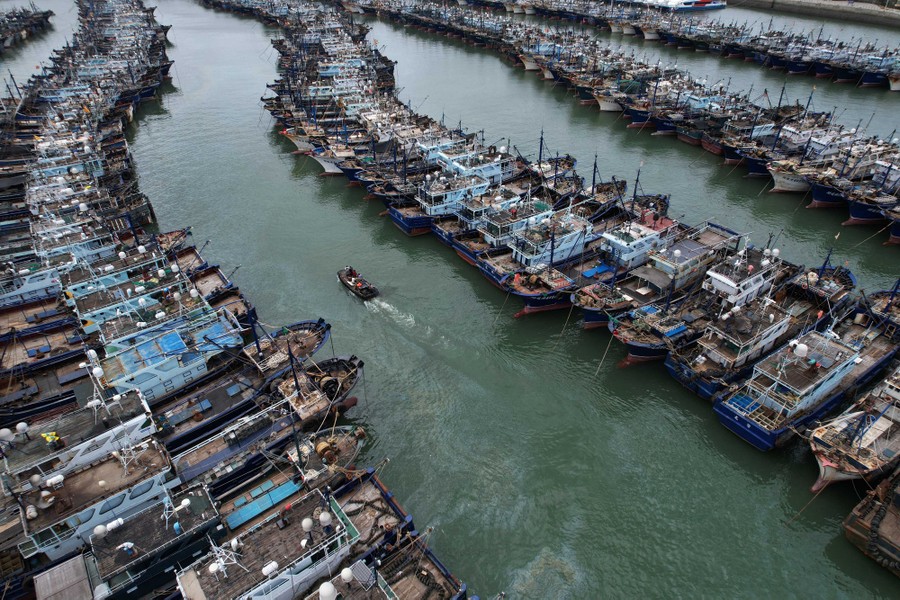 Several lines of fishing boats moored side-by-side sit in a harbor.