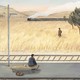 an illustration of a man looking at a passing train