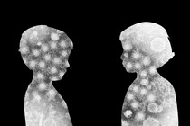 the silhouettes of two children facing each other are full of viruses