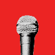 A GIF of sound waves radiating from a black-and-white microphone on a bright-red background.