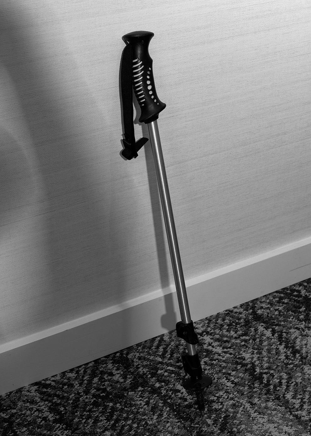 black-and-white photo of telescoping metal walking stick with handle leaning against wall