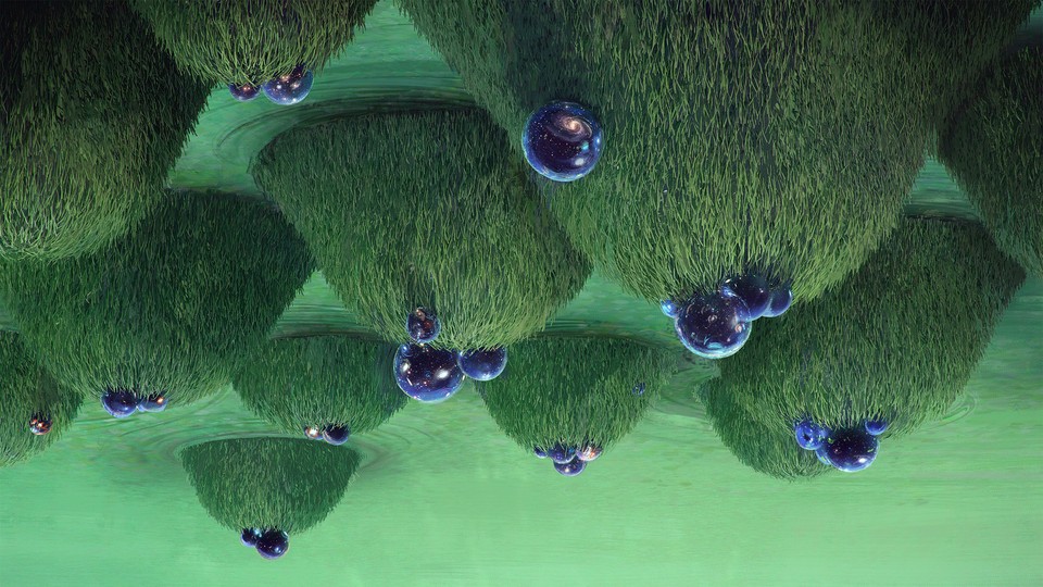 An illustration of upside-down grassy hills topped with cosmic blue spheres