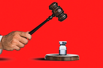 A photo illustration of a hand wielding a gavel and smashing a vaccine vial, all on a red background