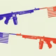 Illustration of two rifles with American flags coming out of their barrels--one blue on the left, and one red on the right