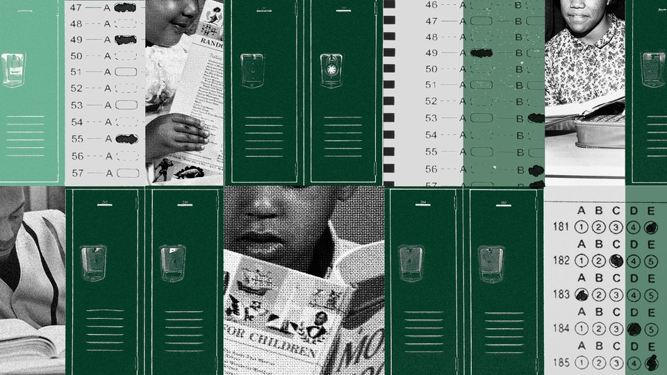 Collage of images of green lockers with black and white standardized test bubbles and children with books