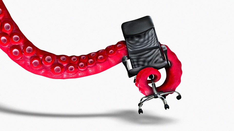 An octopus arm grabbing an office chair