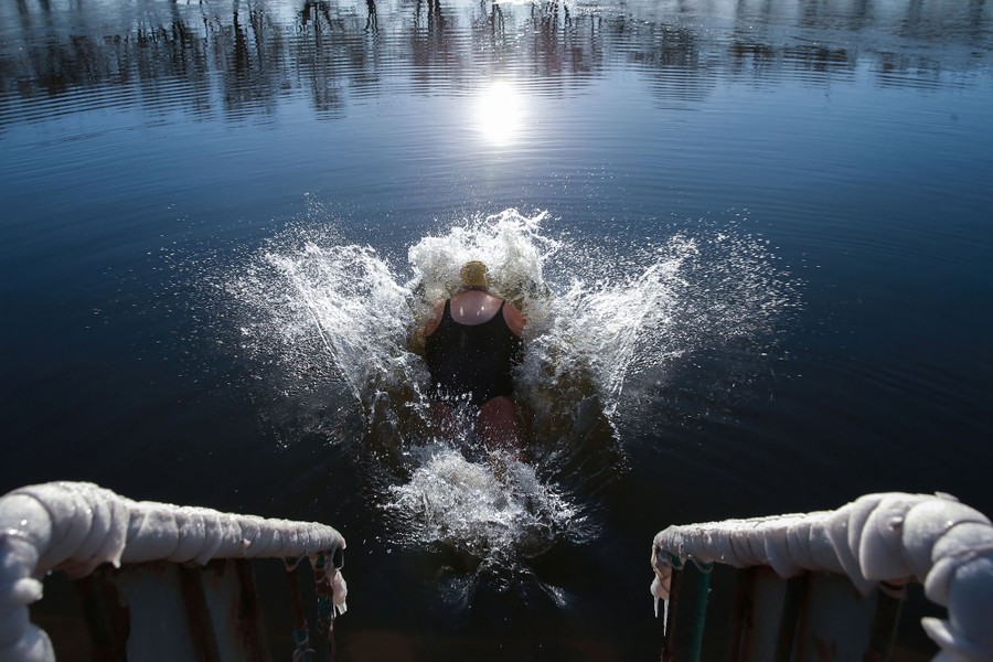 A person dives into a lake on a cold day, nearby railings covered in frost.