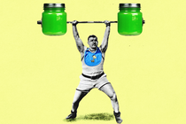 An illustration of a body builder lifting green jars of baby food