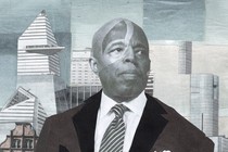 Collage of Eric Adams against the New York City skyline