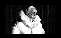 A black-and-white, AI-generated image showing the pope in a white puffy jacket