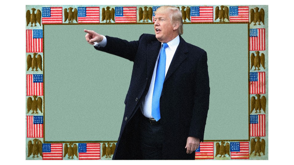 An illustration of Donald Trump pointing against a background of American flags and golden eagles