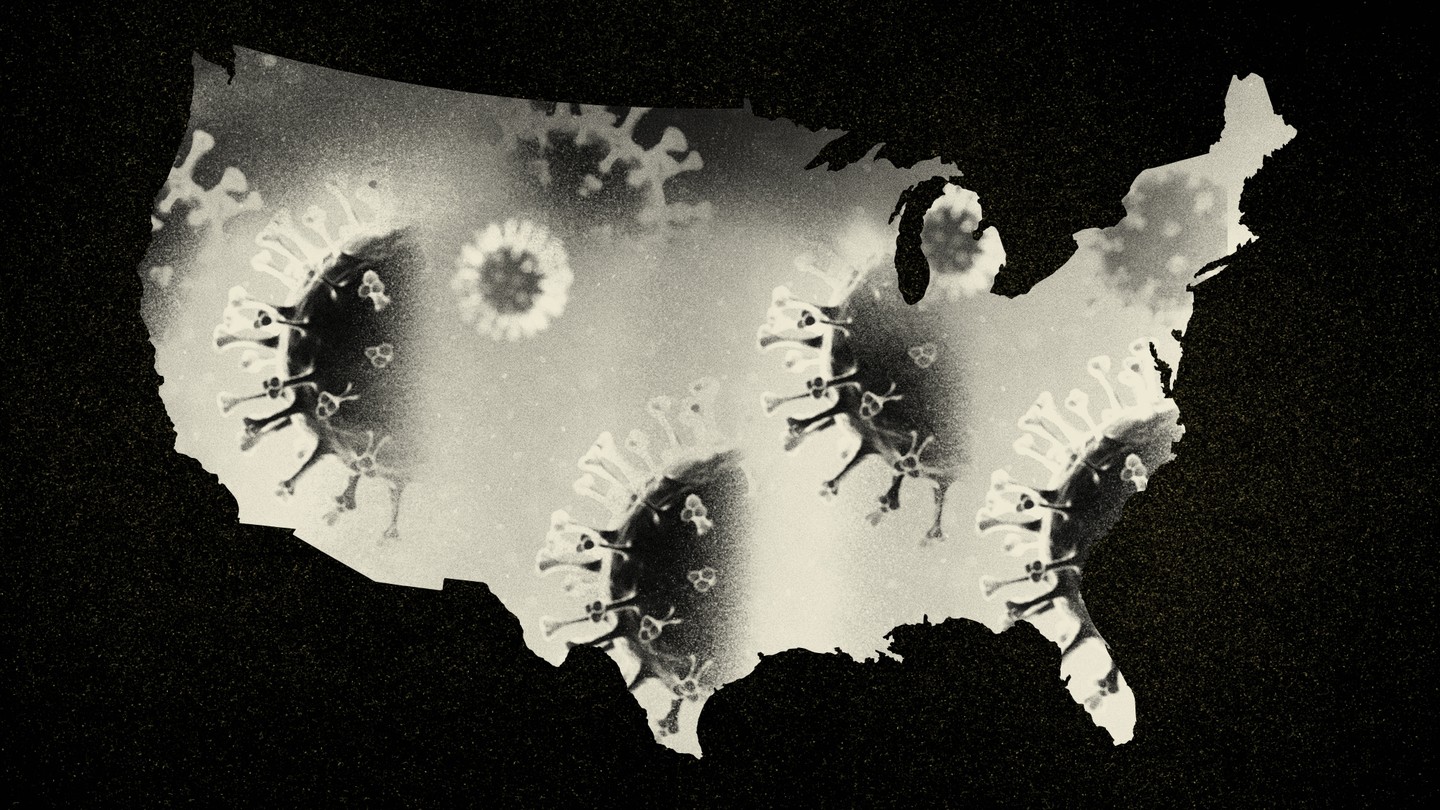 A U.S. map shaded in with coronavirus particles