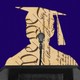 A silhouette of a graduation speaker on a field of blue, with old script from the U.S. Constitution inside.