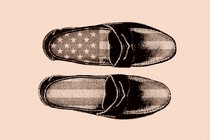 Photo-illustration of loafers seen from overhead with an American flag imposed on them