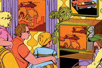 Retro-'80s-style illustration of man, woman, girl, and boy watching TV with helicopters and an explosion. The same scene of helicopters is happening outside their window.