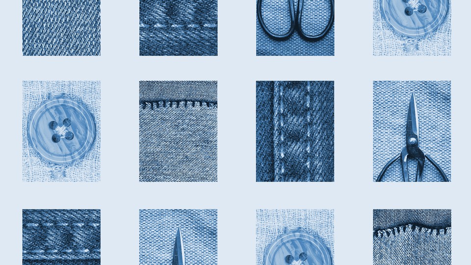 a grid of blue-washed photos - buttons, scissors, and seams