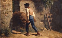 A painting of a peasant pushing a wheelbarrow