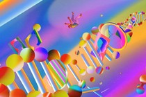 colorful illustration of a DNA helix with a man falling near it