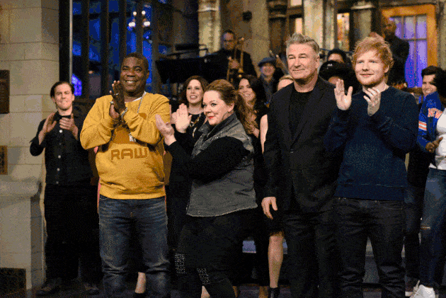 Baldwin with Tracy Morgan, Melissa McCarthy, and Ed Sheeran at SNL