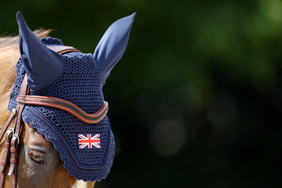 A close view of the head of a horse that is wearing a knit cap with a British flag sewn onto it.