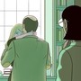 An illustration of a woman looking on as her friend and a professor embrace in his office
