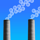 Two smokestacks are spewing cartoon viruses into the sky.