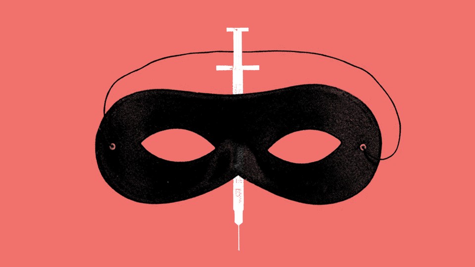 A drawing of a masquerade mask in front of a syringe
