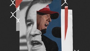 An illustration featuring a photo of Pat Buchanan and a photo of Donald Trump, backgrounded by a fence