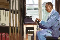 Illustration of Richard Wright sitting at a desk and writing on a typewriter
