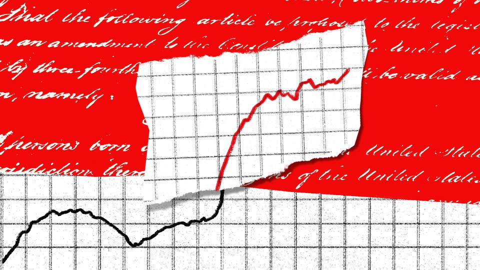 An illustration of a red line graph against a backdrop of constitutional text